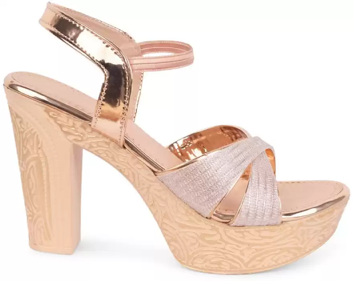 Jm Looks women's embellished block heel sandals with textured details
 Peach