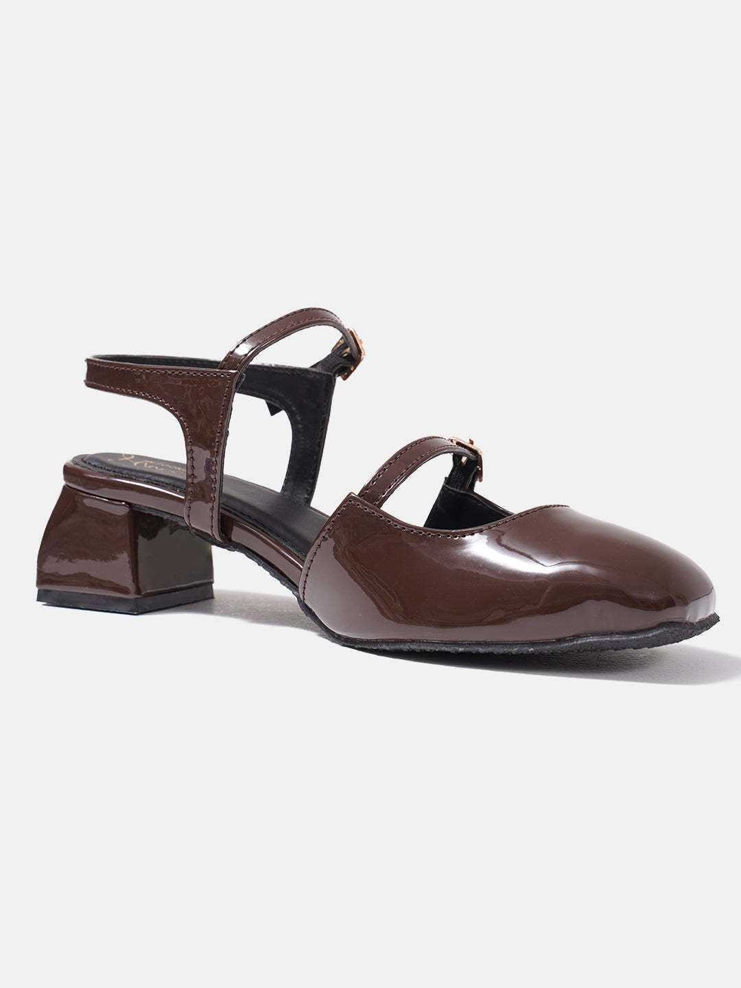 Jm Looks patent Mary Jane block heels with dual buckled straps
Brown