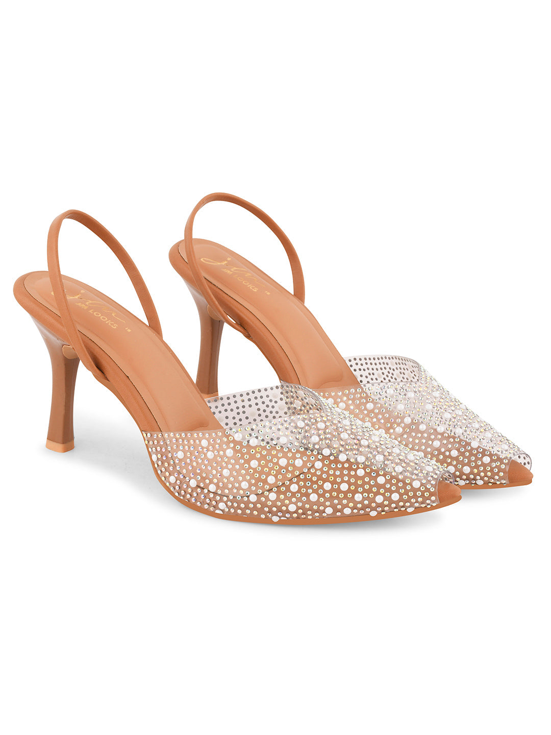 pointed toe slingback heels adorned with sparkling embellishments
Tan