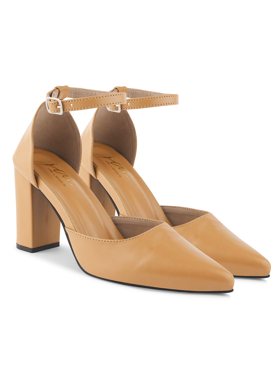 pointed toe block heel pumps with an ankle strap
Beige