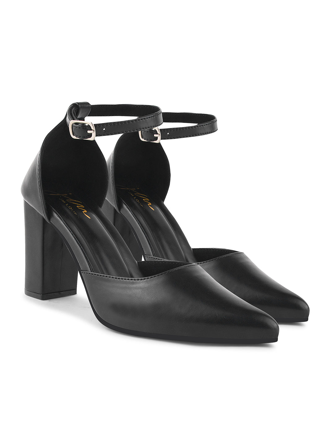 pointed toe block heel pumps with an ankle strap
Black