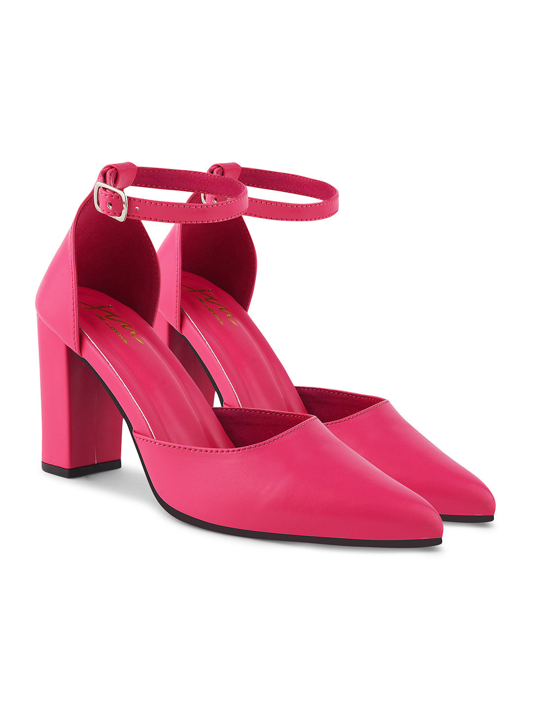 pointed toe block heel pumps with an ankle strap
Rani