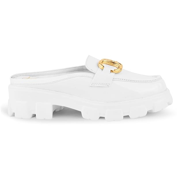 patent half-loafer platform mules with gold buckle detail White