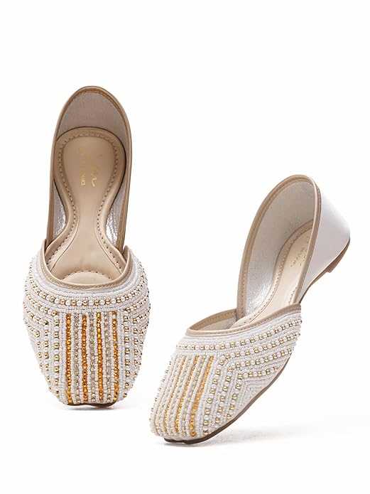 Women White Embellished Flat Jutti with Pearl and Crystal, striped beadwork covering