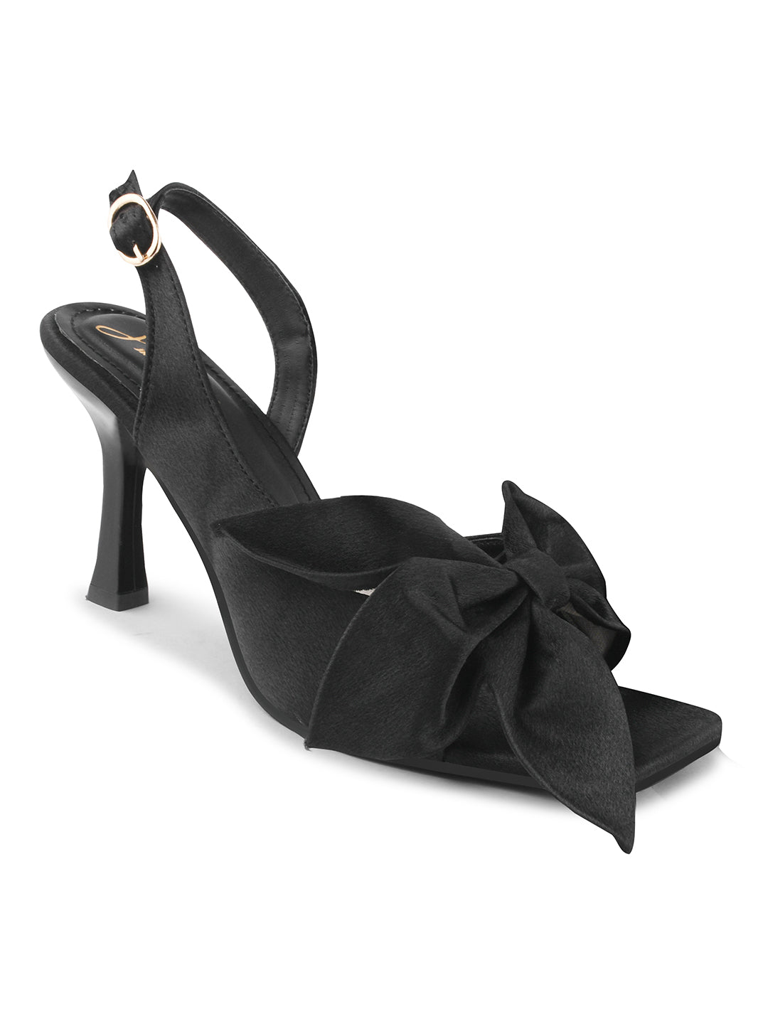elegant heels featuring a large bow detail on the front and an ankle strap
Black