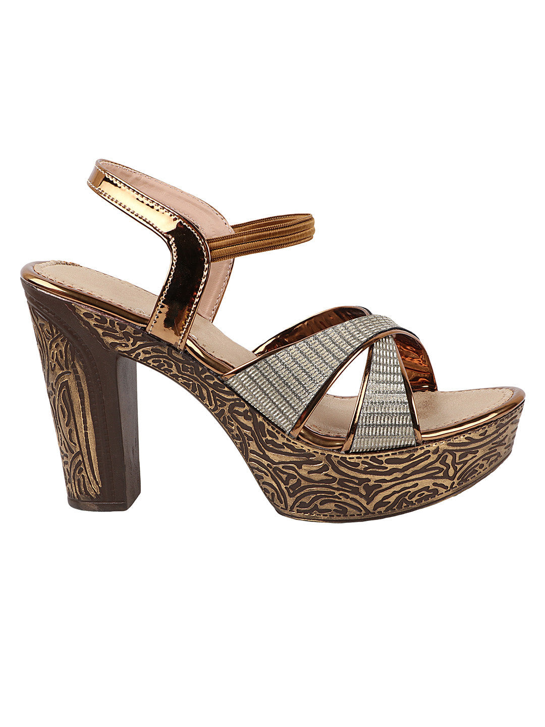 Jm Looks women's embellished block heel sandals with textured details
 Copper