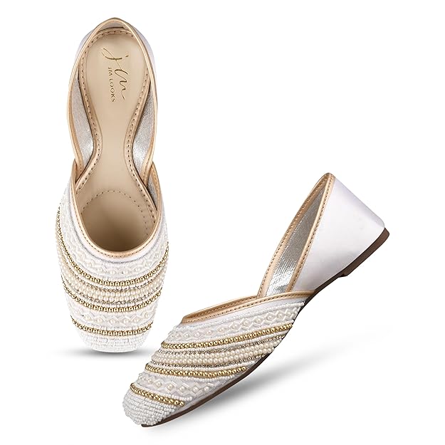 White Embellished Square Toe Stone Work & beadwork patterns Mojaris Flats Juttis for Women