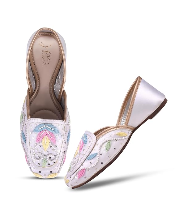 Women White Pastel Embroidered Pearl Work Square Toe Ethnic Mojaris Flats Juttis