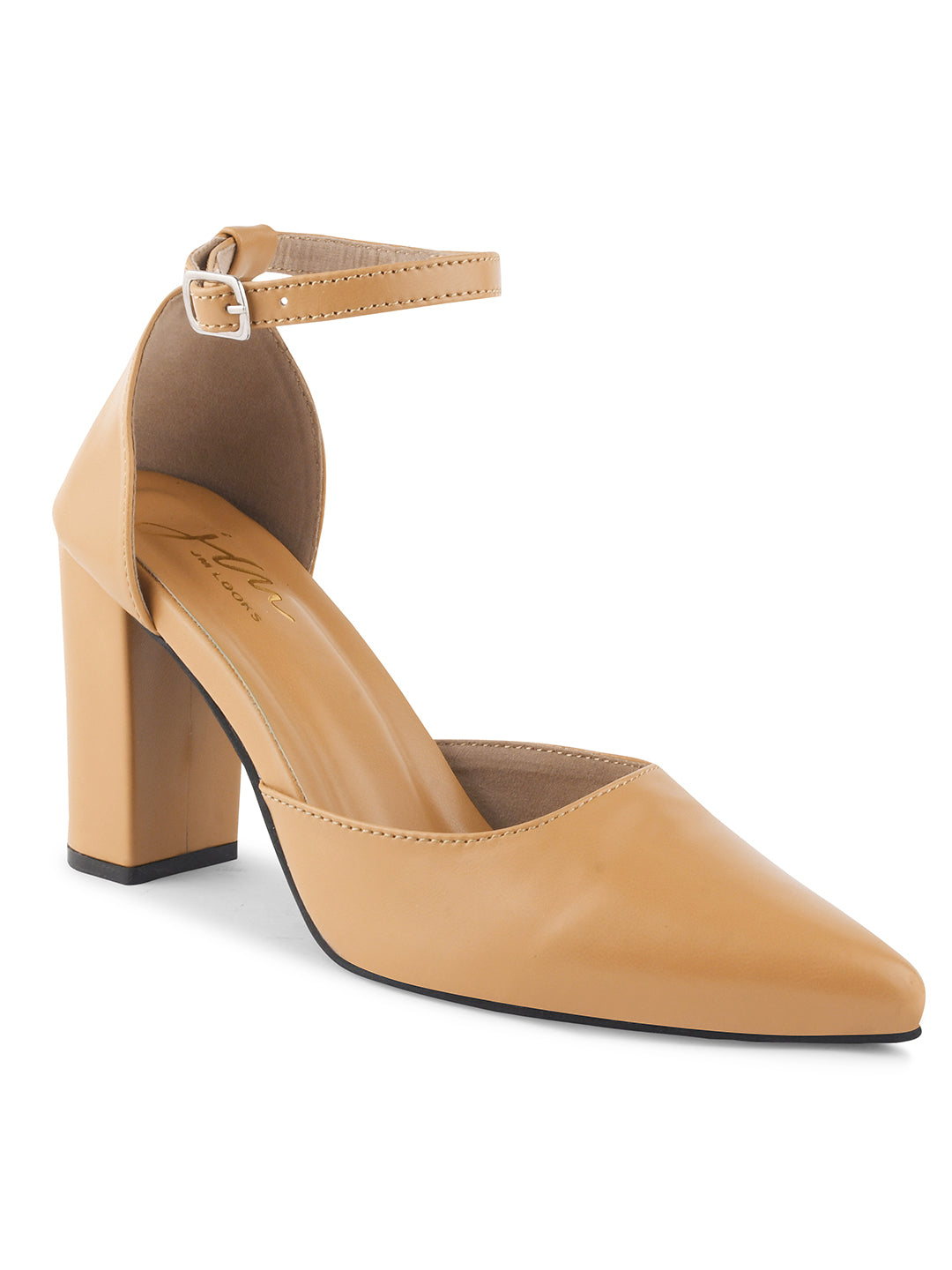 pointed toe block heel pumps with an ankle strap
Beige