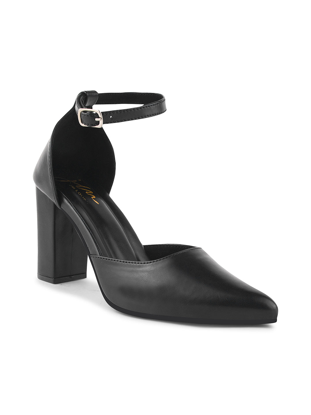pointed toe block heel pumps with an ankle strap
Black
