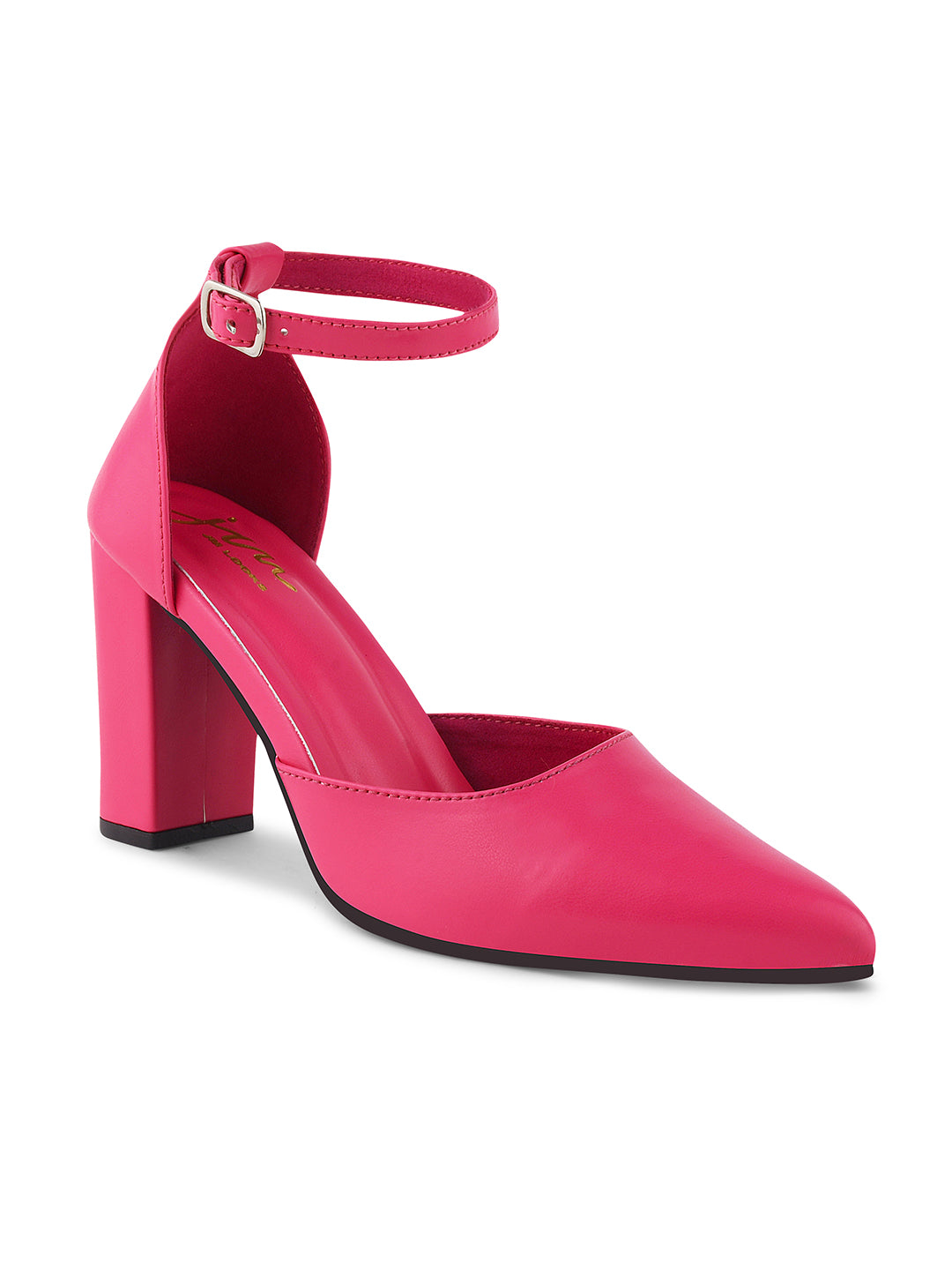 pointed toe block heel pumps with an ankle strap
Rani