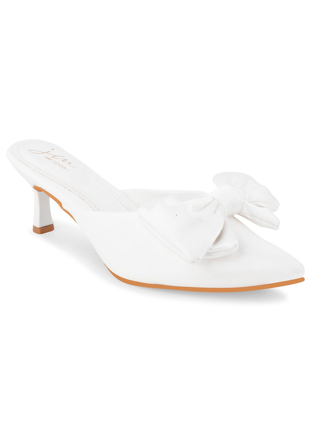 pointed toe heels featuring a large bow detail on the front
White