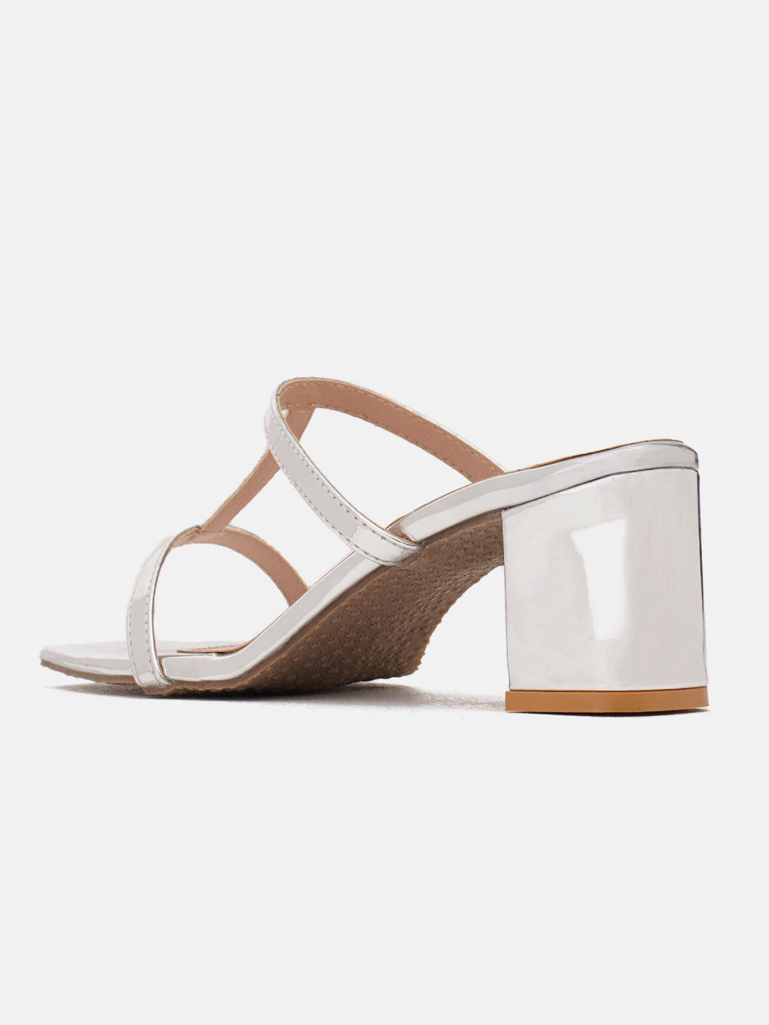 strappy block heel mules with a square toe design
Silver