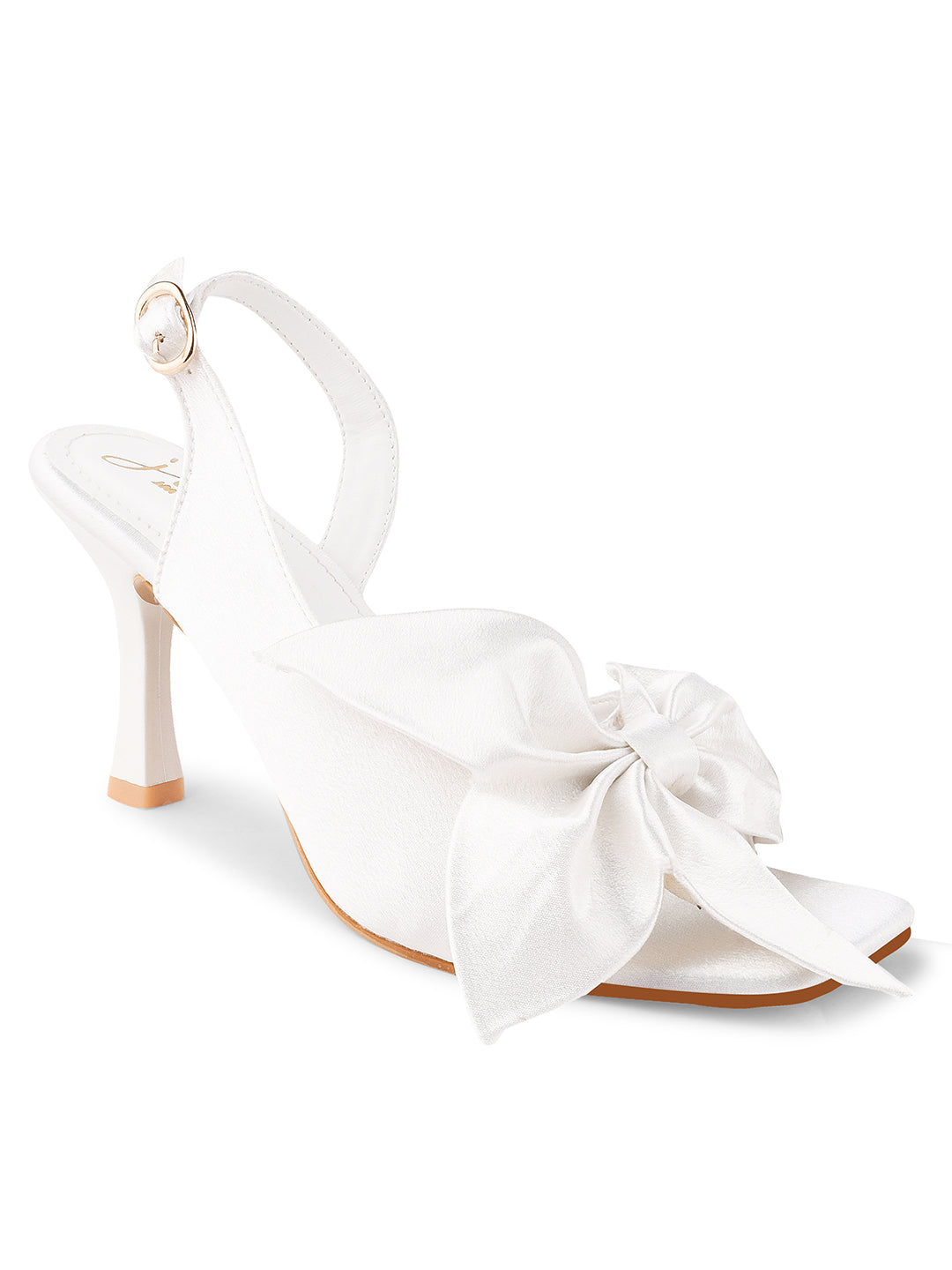 elegant heels featuring a large bow detail on the front and an ankle strap
White