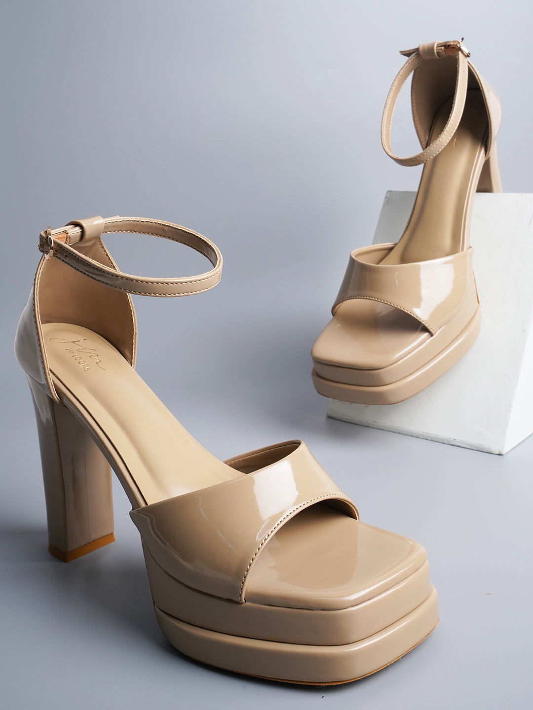 Shop Online Ankle Strap Double Platform Block High Heels Sandals at JM LOOKS Beige
