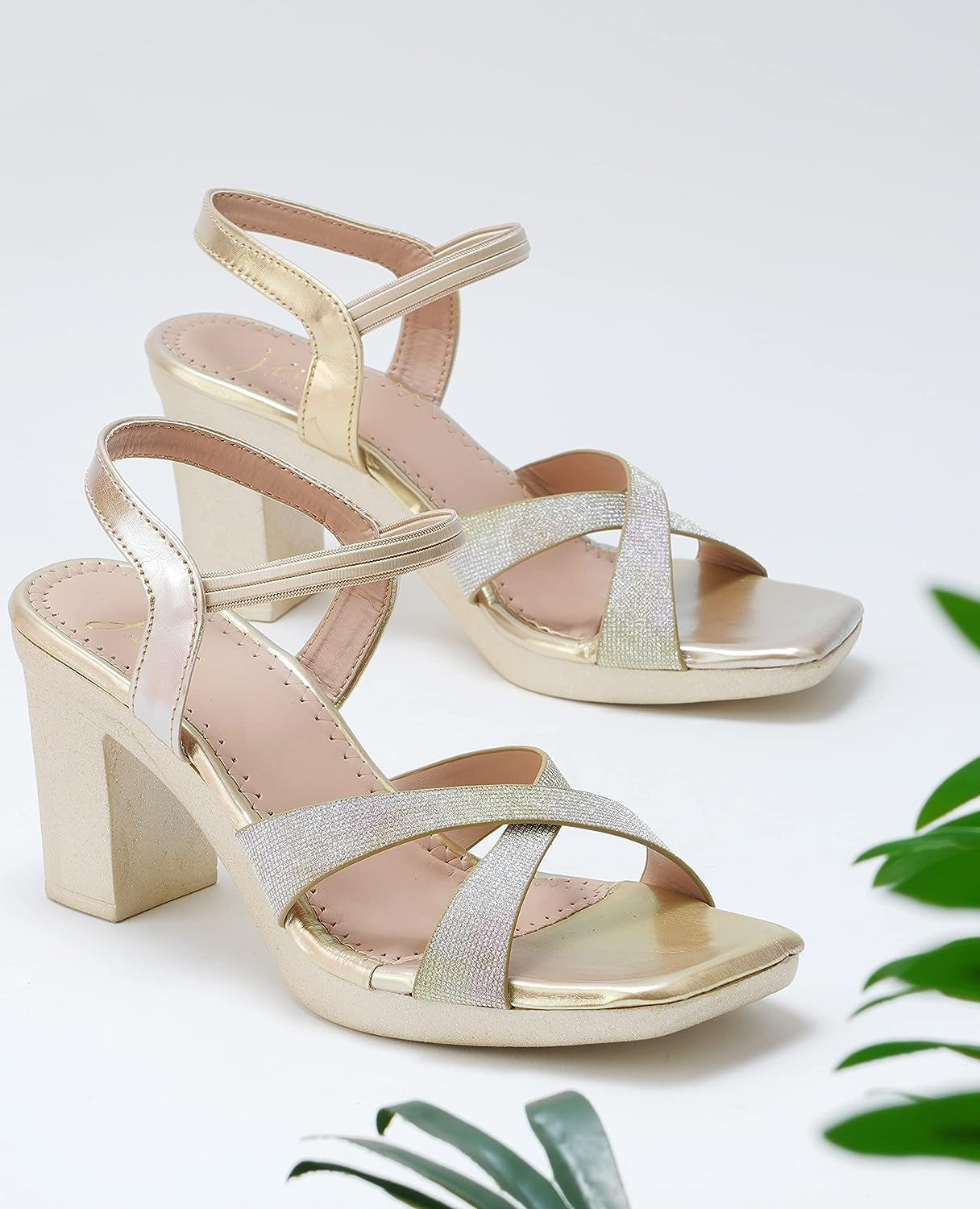 Shop Online Chunky Heel Sandal with Ankle Strap for Women & Girls at JM LOOKS Golden