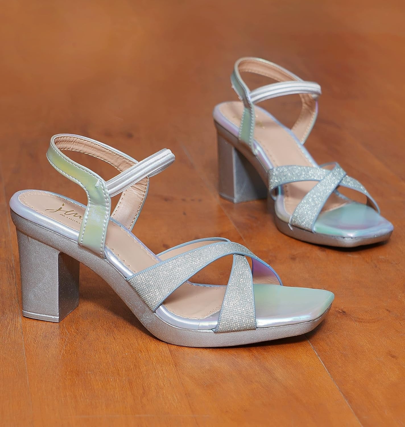 Shop Online Chunky Heel Sandal with Ankle Strap for Women & Girls at JM LOOKS Silver