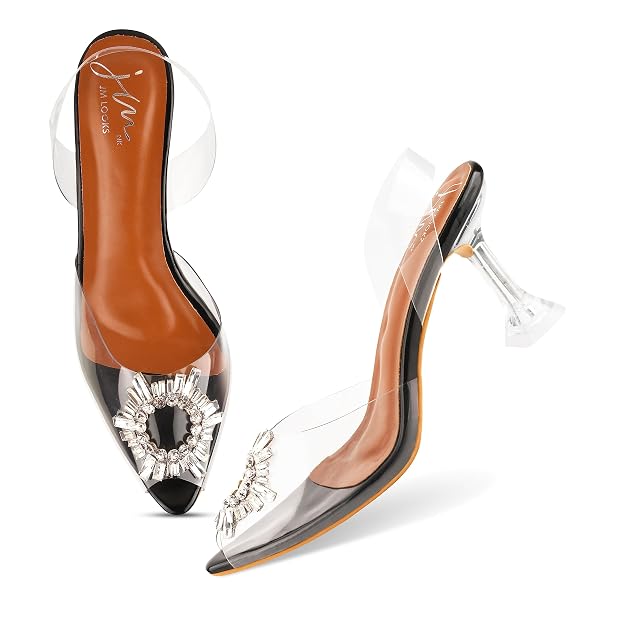 Transparent Kitten heels for women with embellished crystal brooch, pointed toe, and clear sling back strap Black