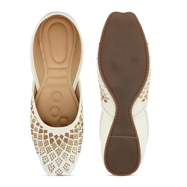 White Women Ethnic Embellished Square Toe Leather Slip-On Flat jutti