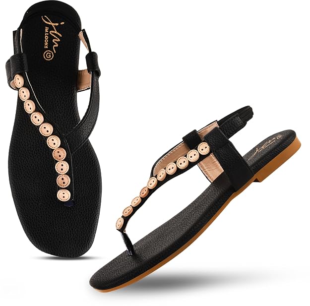 Black flat thong sandals with button embellishments and slingback strap for women