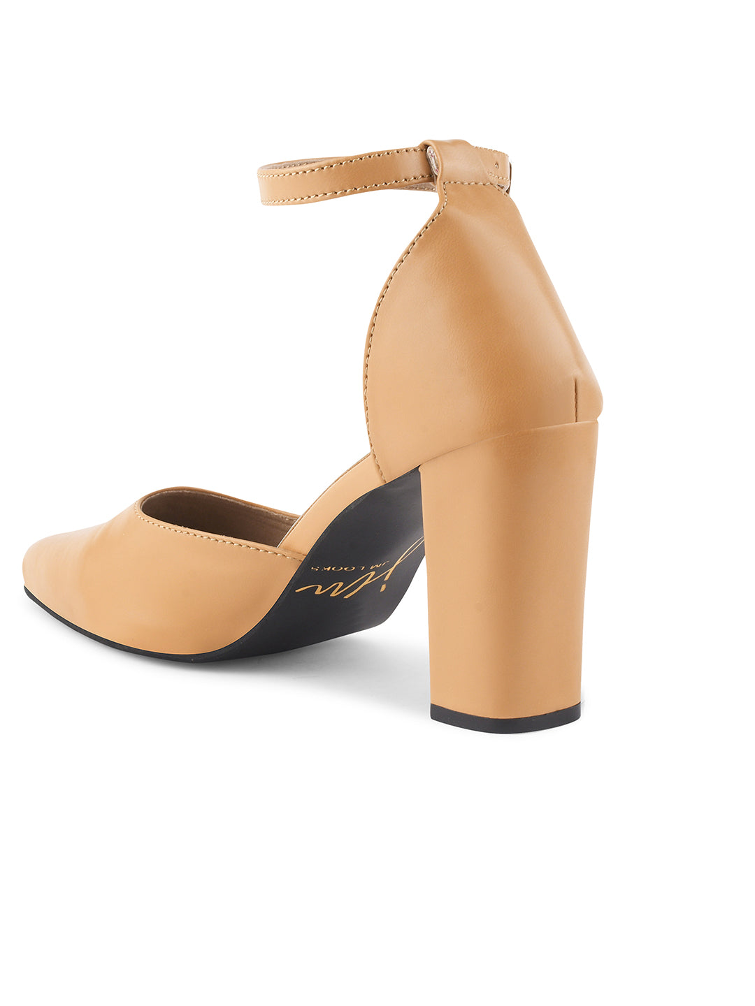 pointed toe block heel pumps with an ankle strap
Beige