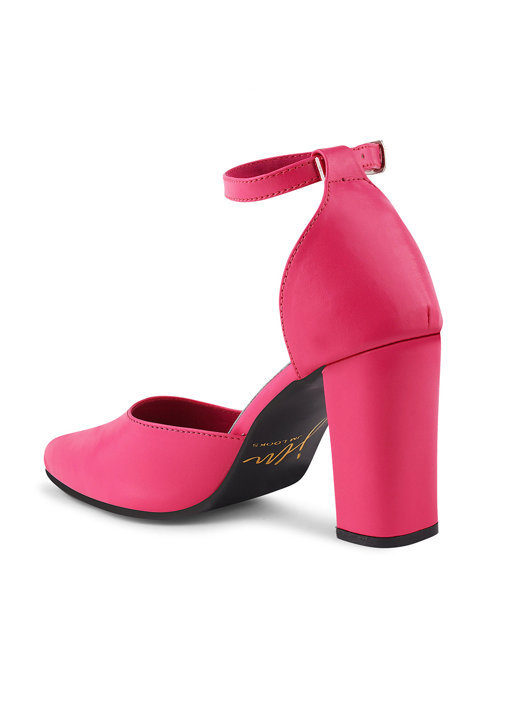 pointed toe block heel pumps with an ankle strap
Rani