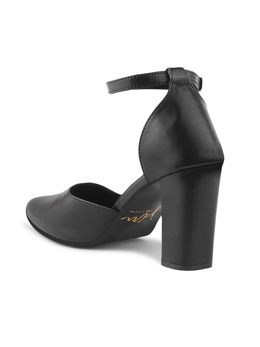 pointed toe block heel pumps with an ankle strap
Black
