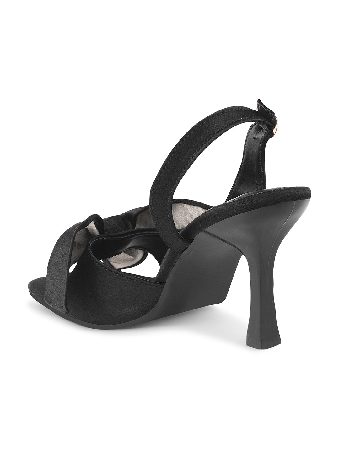 elegant heels featuring a large bow detail on the front and an ankle strap
Black
