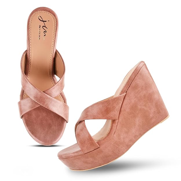 Wedge heels for women peach open toe criss cross strap platform comfortable casual party wear footwear