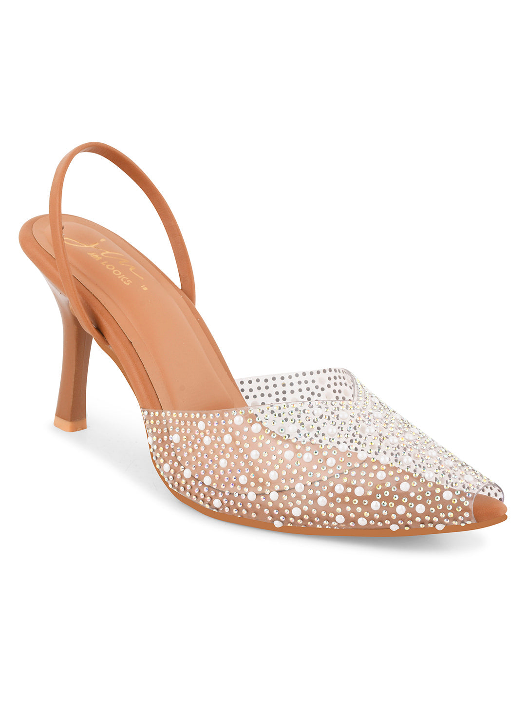 pointed toe slingback heels adorned with sparkling embellishments
Tan