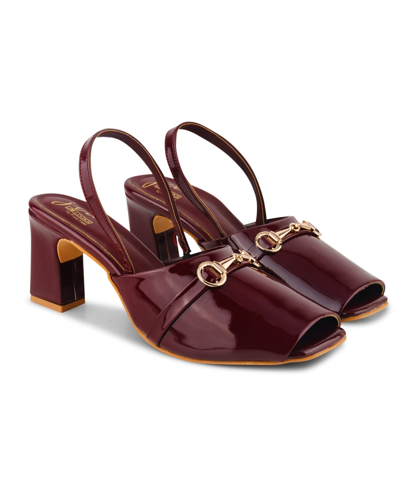 Cherry block heels for women slingback sandals with gold buckle detail and square open toe