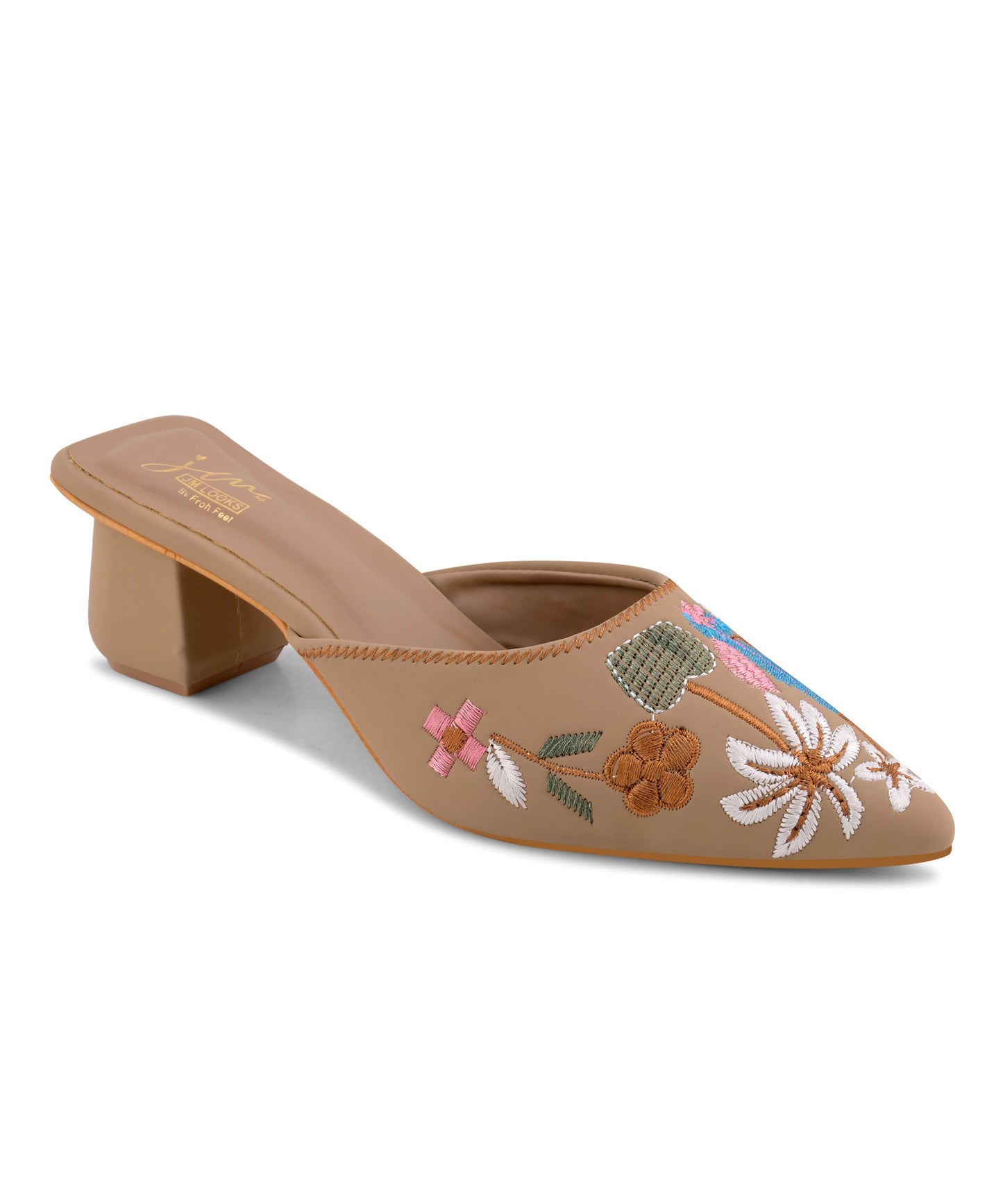 Pointed toe block heel mules in beige with multicoloured floral embroidery across the front upper panel