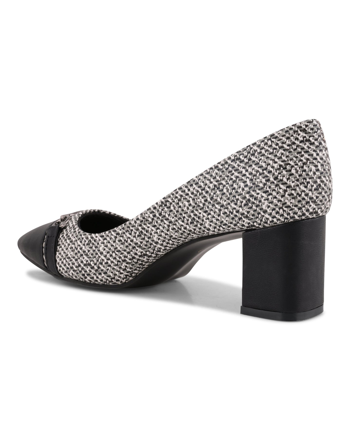 Block heel pumps for women in black tweed check with pointed toe and gold buckle trim