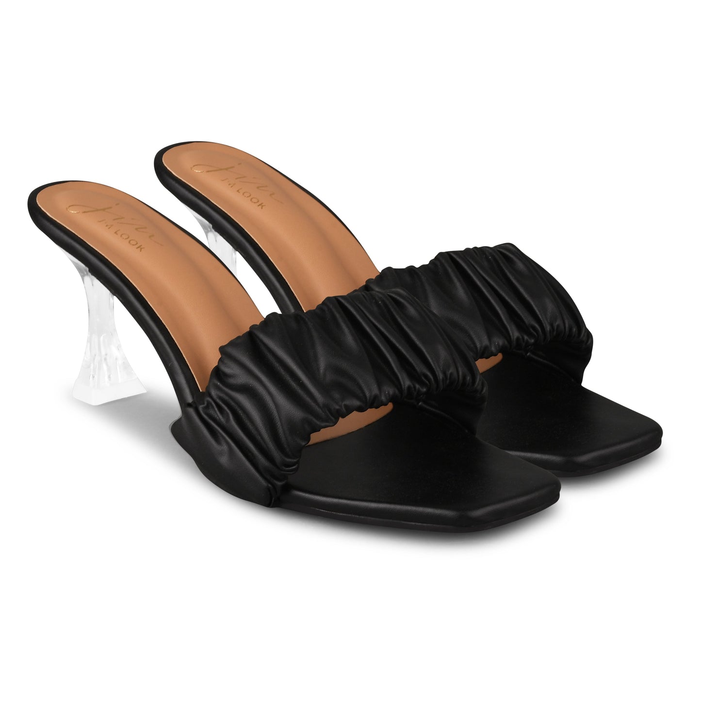 Jm Looks women's ruched strap clear heel mules
Black