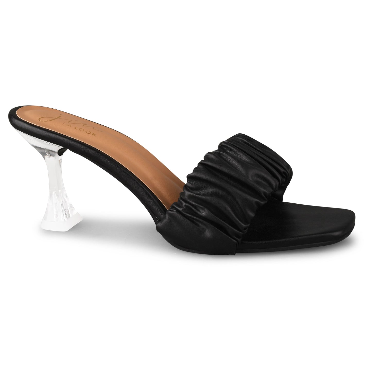 Jm Looks women's ruched strap clear heel mules
Black
