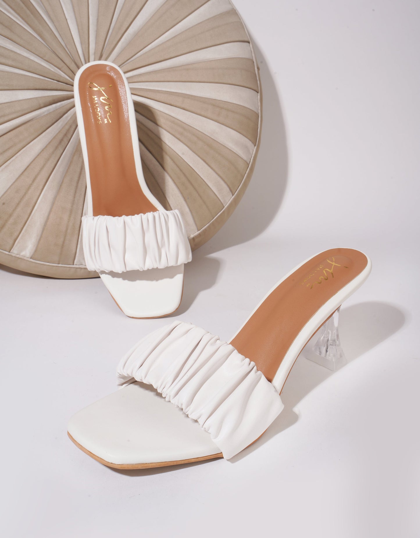 Jm Looks women's ruched strap clear heel mules
White