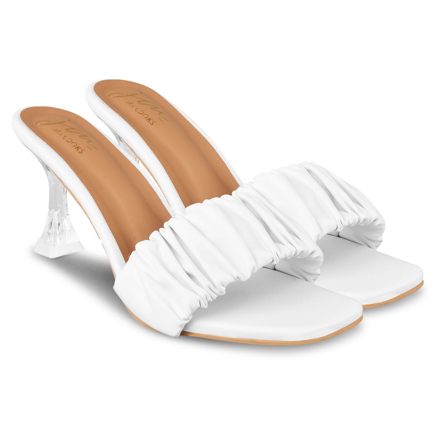 Jm Looks women's ruched strap clear heel mules
White