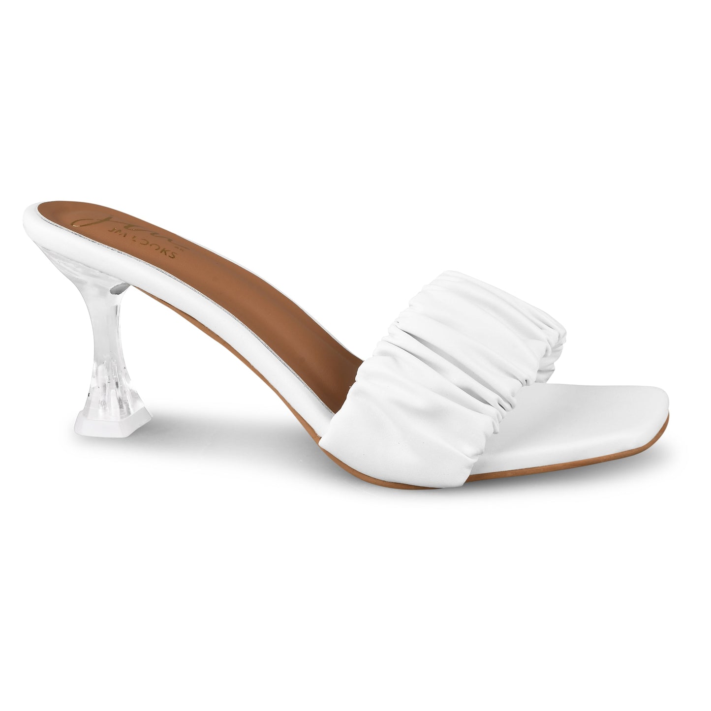 Transparent block heels for women white ruched strap square open toe clear flared heel mule sandal