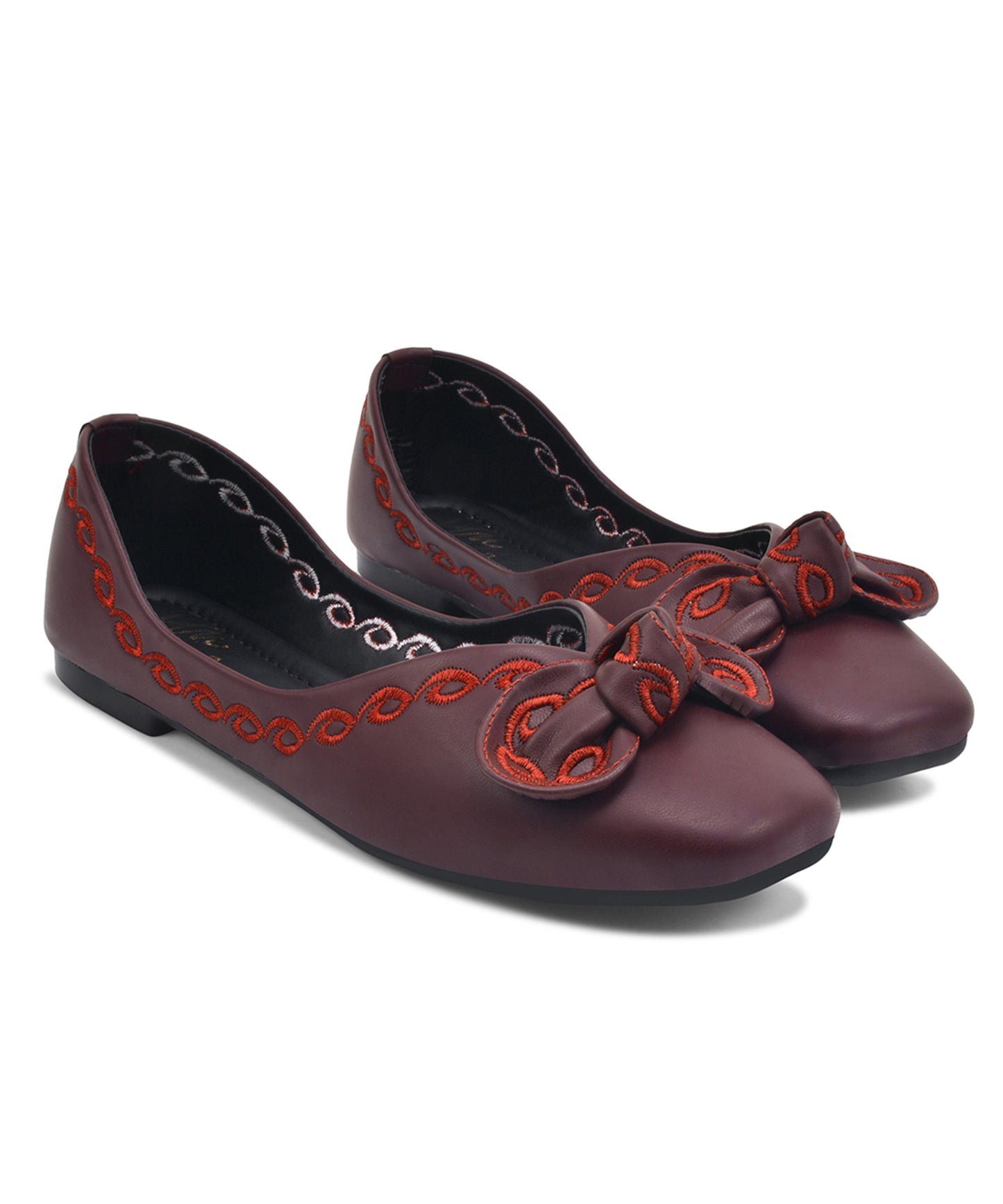 Ballet flats with embroidery in cherry, bow detail on toe, swirl thread work, cushioned round-toe design