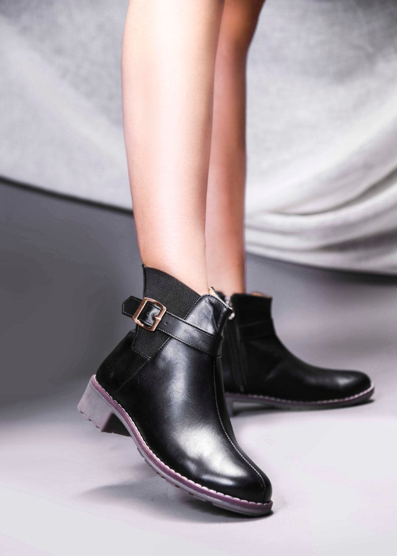 JM Looks women's ankle boots with a decorative buckle strap and a side zipper
Black