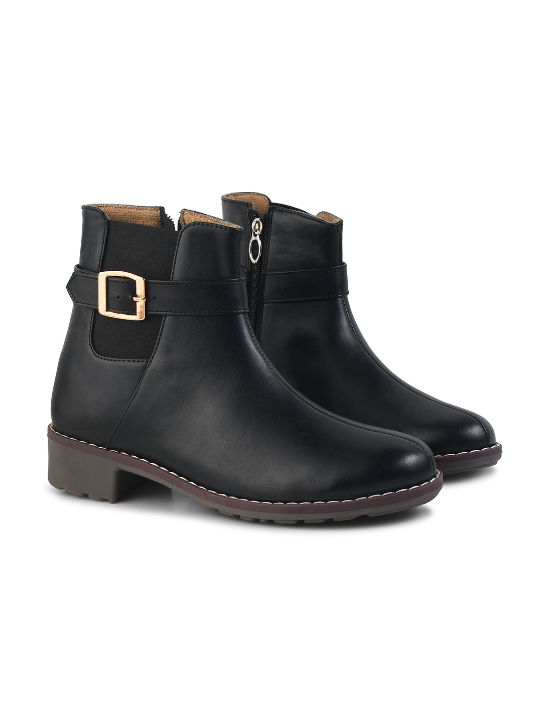 JM Looks women's ankle boots with a decorative buckle strap and a side zipper
Black