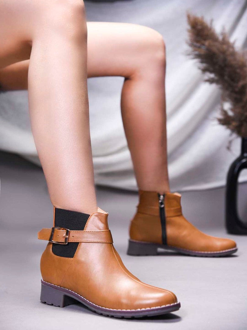 JM Looks women's ankle boots with a decorative buckle strap and a side zipper
Tan