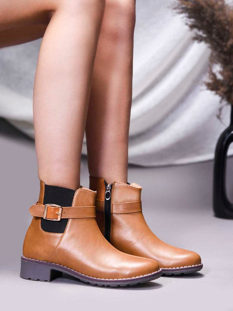 JM Looks women's ankle boots with a decorative buckle strap and a side zipper
Tan