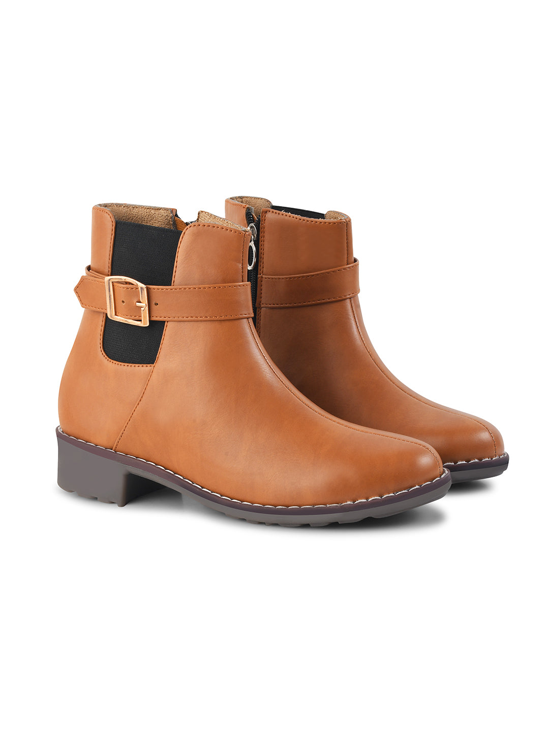 JM Looks women's ankle boots with a decorative buckle strap and a side zipper
Tan