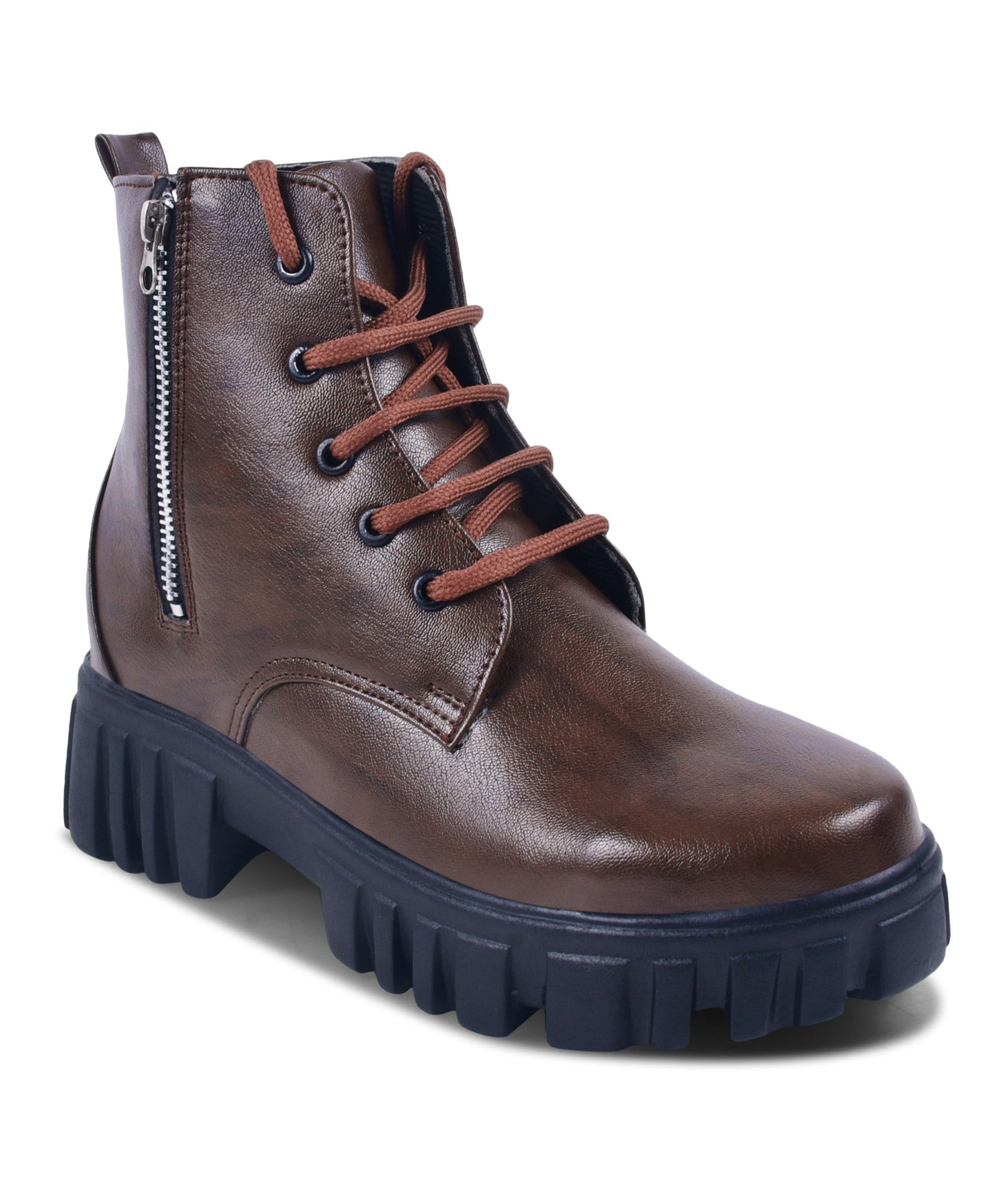 Brown combat boots for women featuring lace-up front, side zip, and chunky lug platform sole design