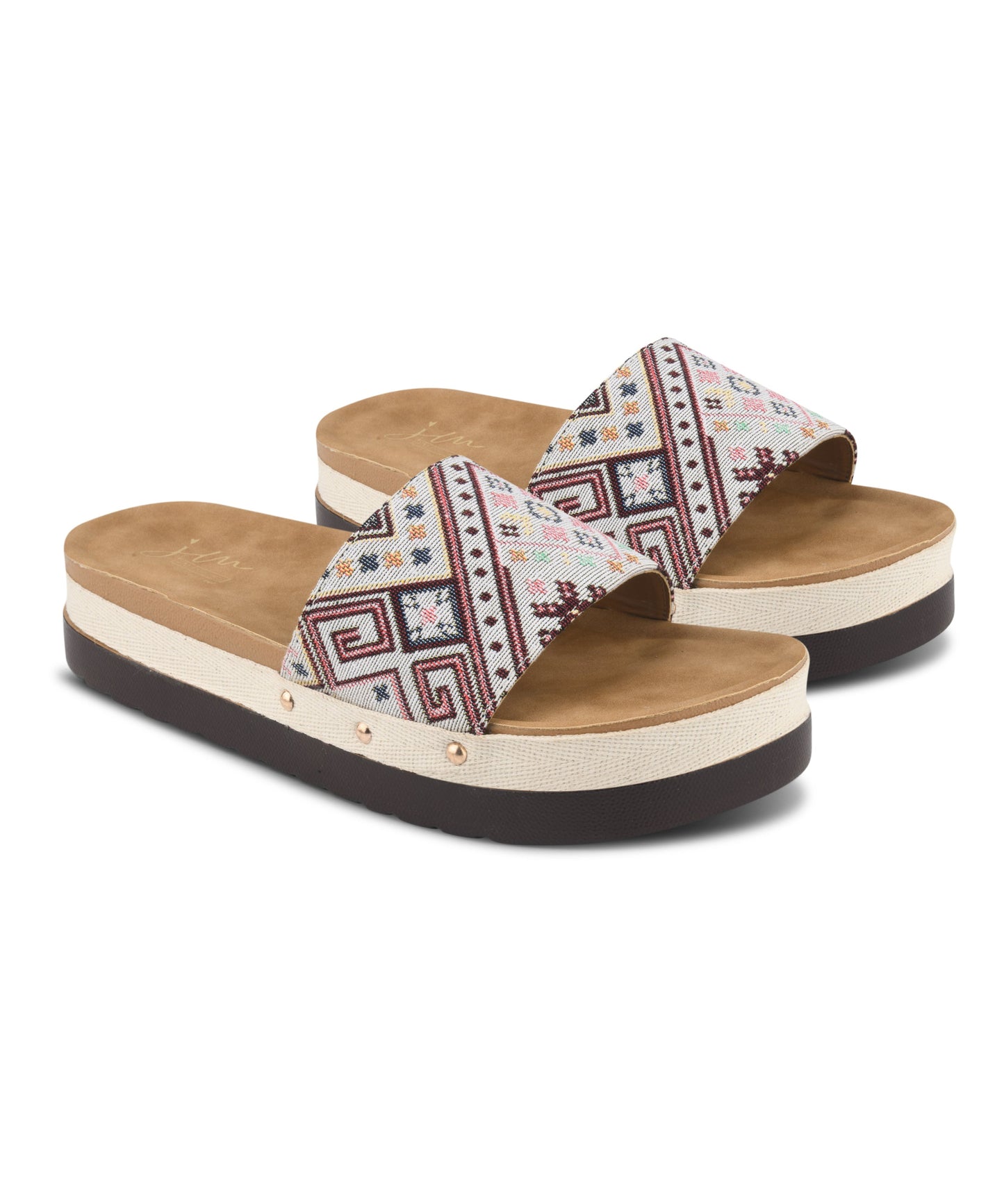 Cream Ethnic printed platform slides for women featuring geometric multicolor strap, gold studs, jute midsole, cushioned footbed.