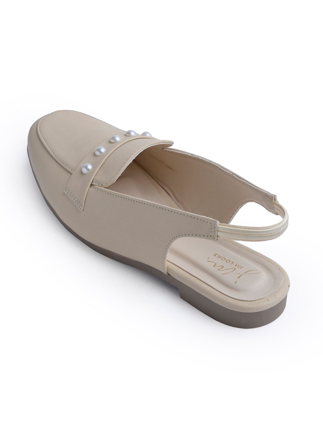 Jm Looks beige slingback loafers adorned with small pearls on the vamp, with a string of pearls in the background
Cream