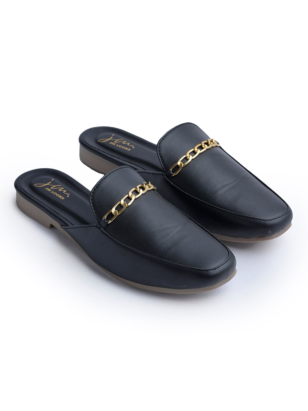 Jm Looks dual-strap flat slides in a neutral tone
Black
