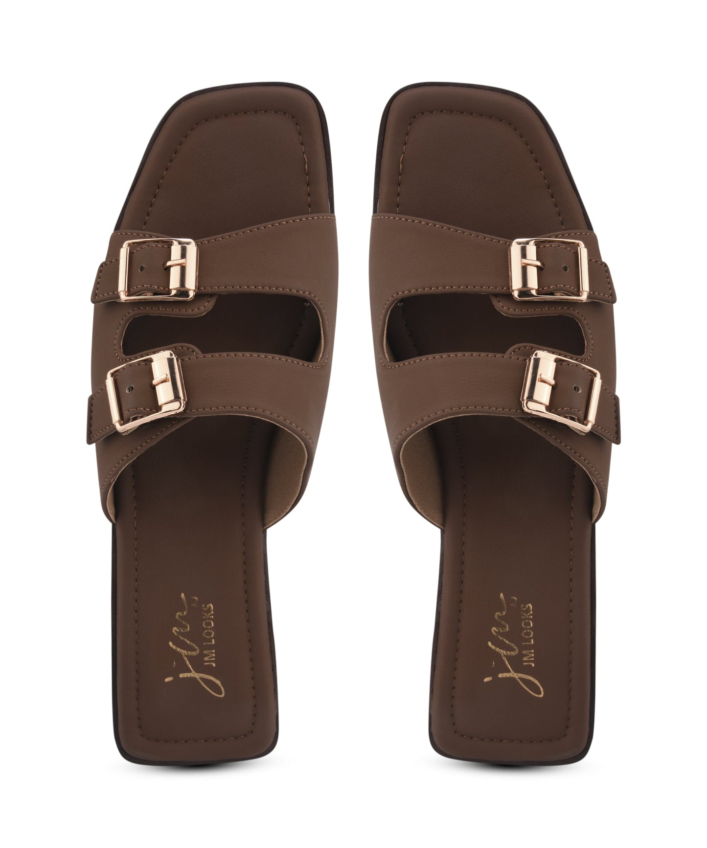 Brown flat sandals with dual adjustable straps featuring gold buckles and square open-toe design for women.