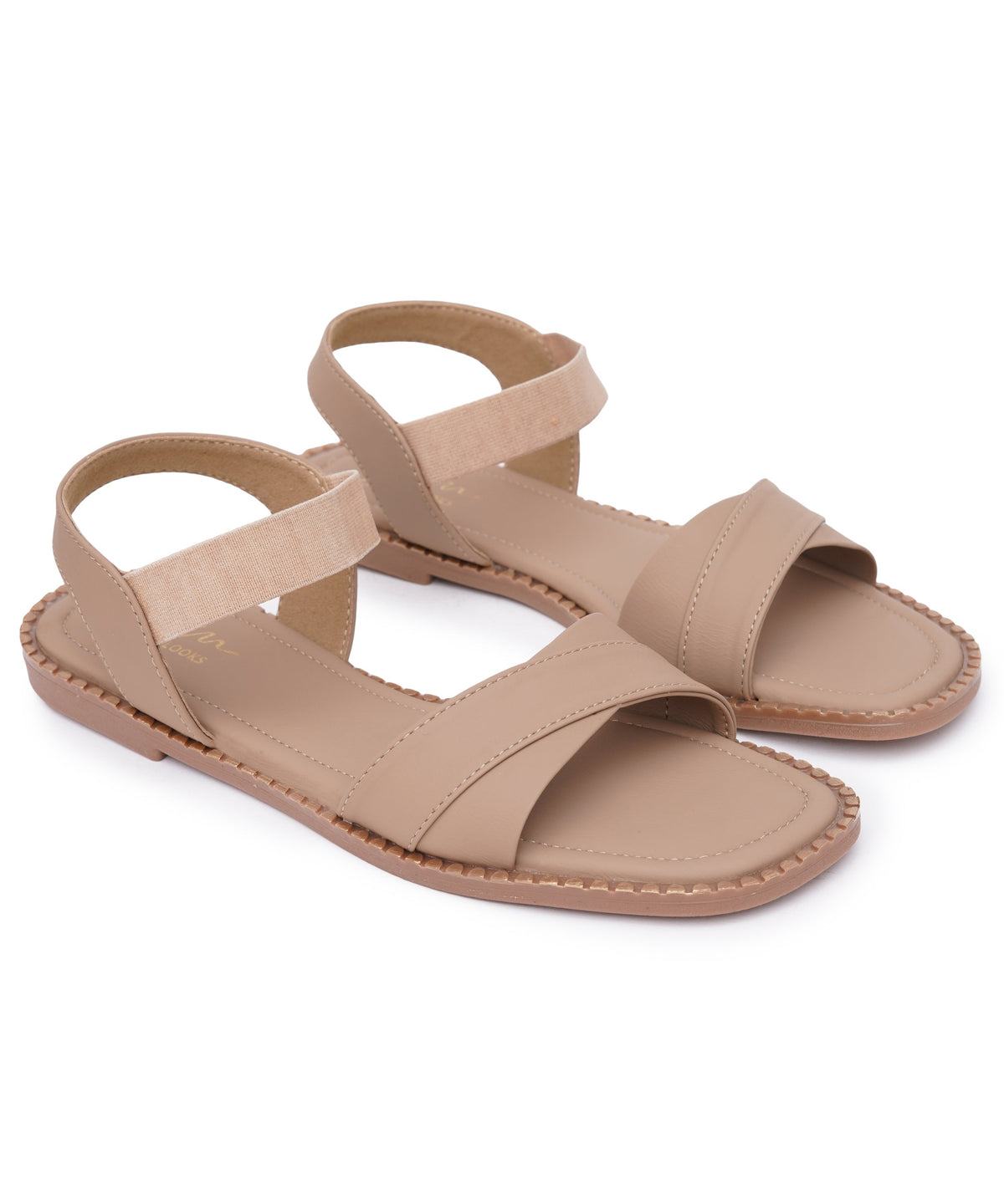 Flat sandals for women in beige with elastic ankle strap, cushioned footbed and open square toe